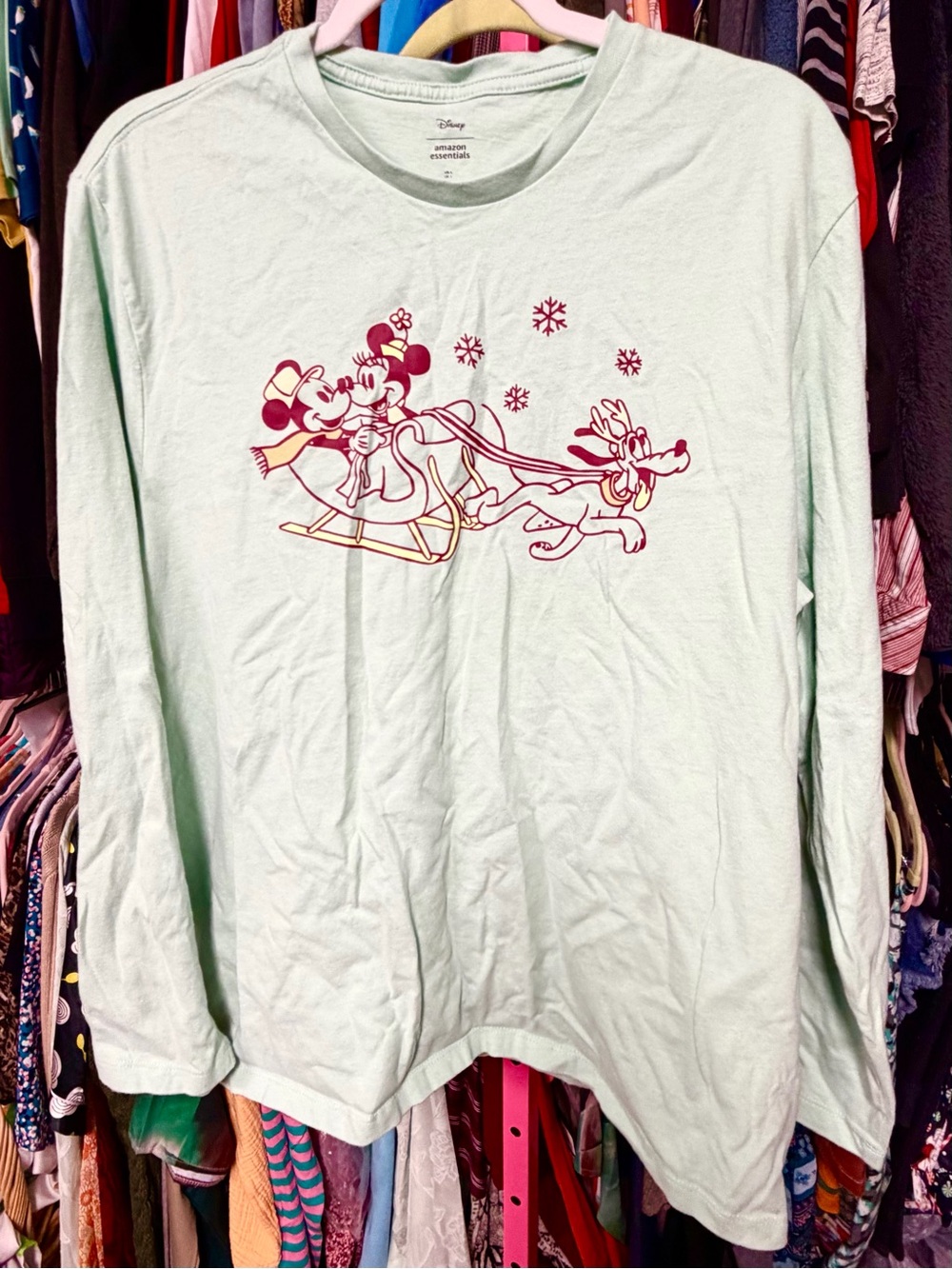 Disney Mickey Mouse Women’s Size Large T-shirt Mint Green Burgundy Red Christmas